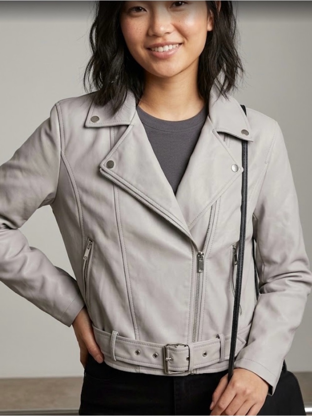 Forever 21 Light Gray Belted Moto Leather Jacket